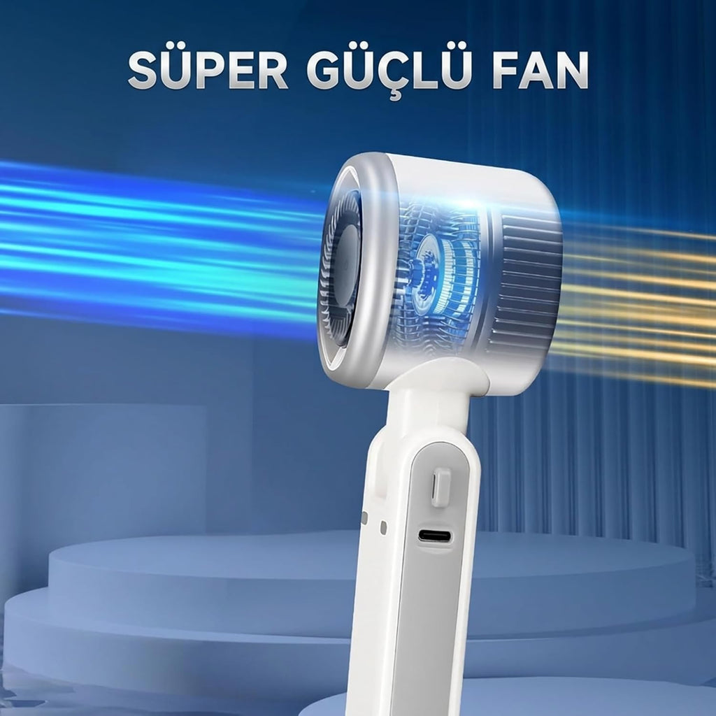 Turbo El Vantilatörü Mini Fan Vantilatör Katlanabilir 3’ü 1 Arada Taşınabilir Fan 5 Kademeli LED Ekranlı USB-C Şarjlı Mini Vantilatör