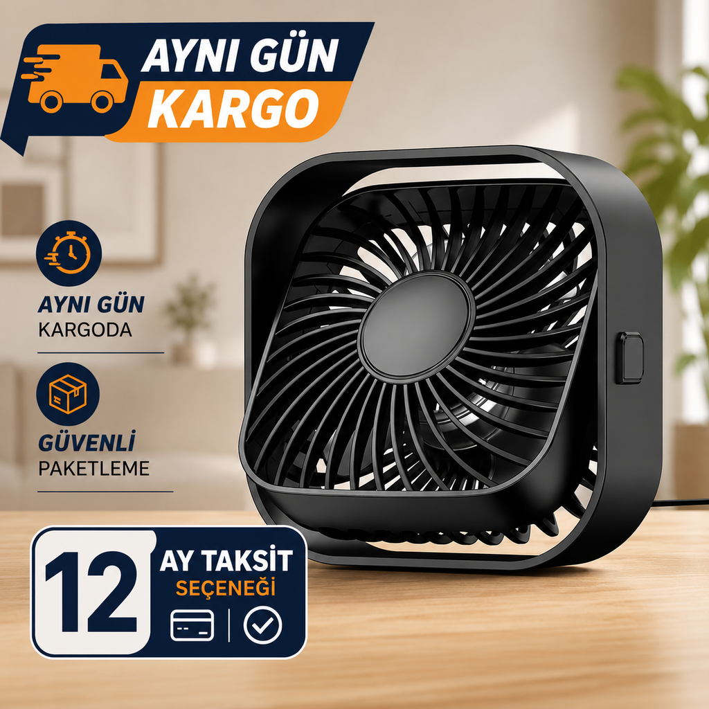 Masaüstü Vantilatör 3 Kademeli 360° Döner Başlıklı USB Kablolu Soğutucu Fan Siyah