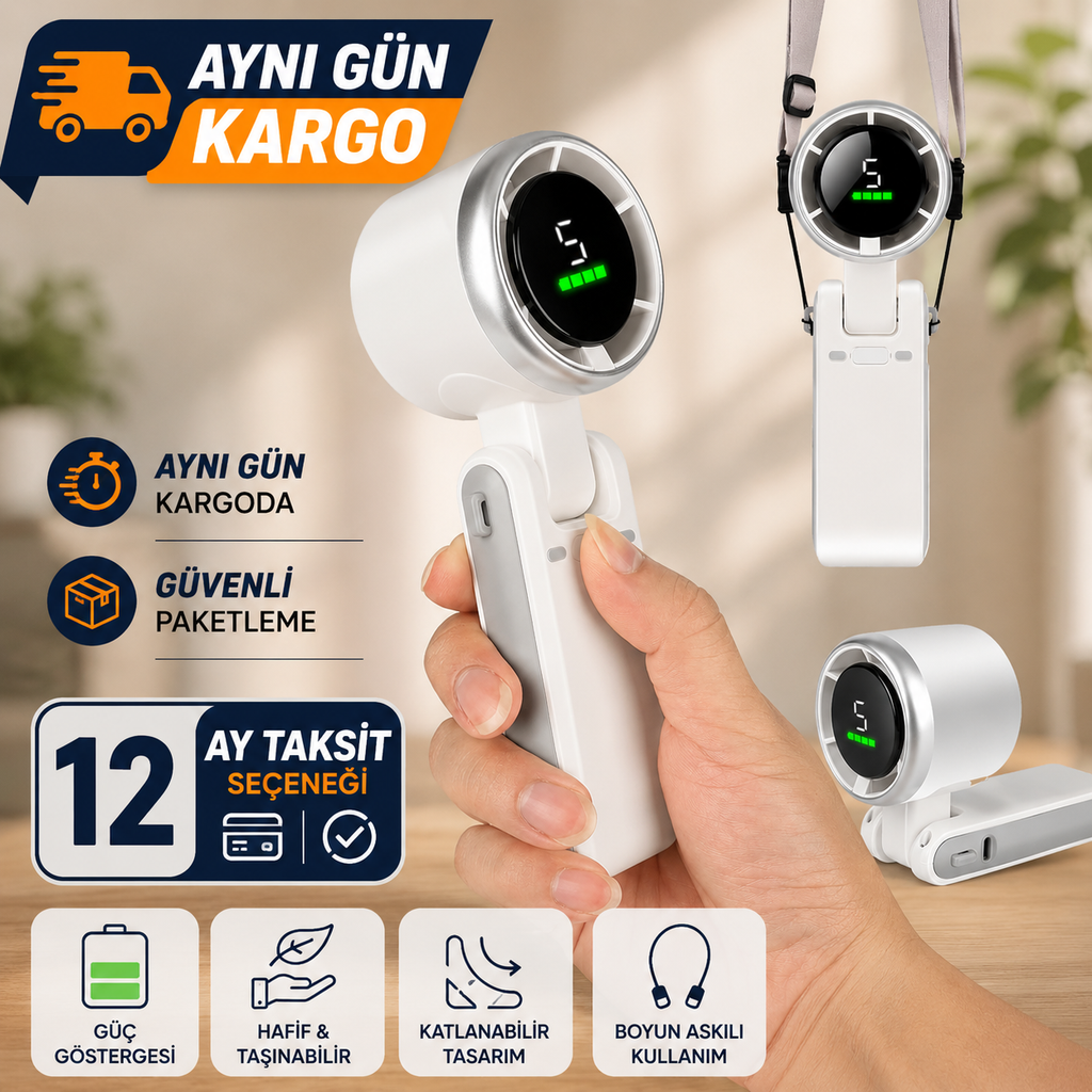 Turbo El Vantilatörü Mini Fan Vantilatör Katlanabilir 3’ü 1 Arada Taşınabilir Fan 5 Kademeli LED Ekranlı USB-C Şarjlı Mini Vantilatör