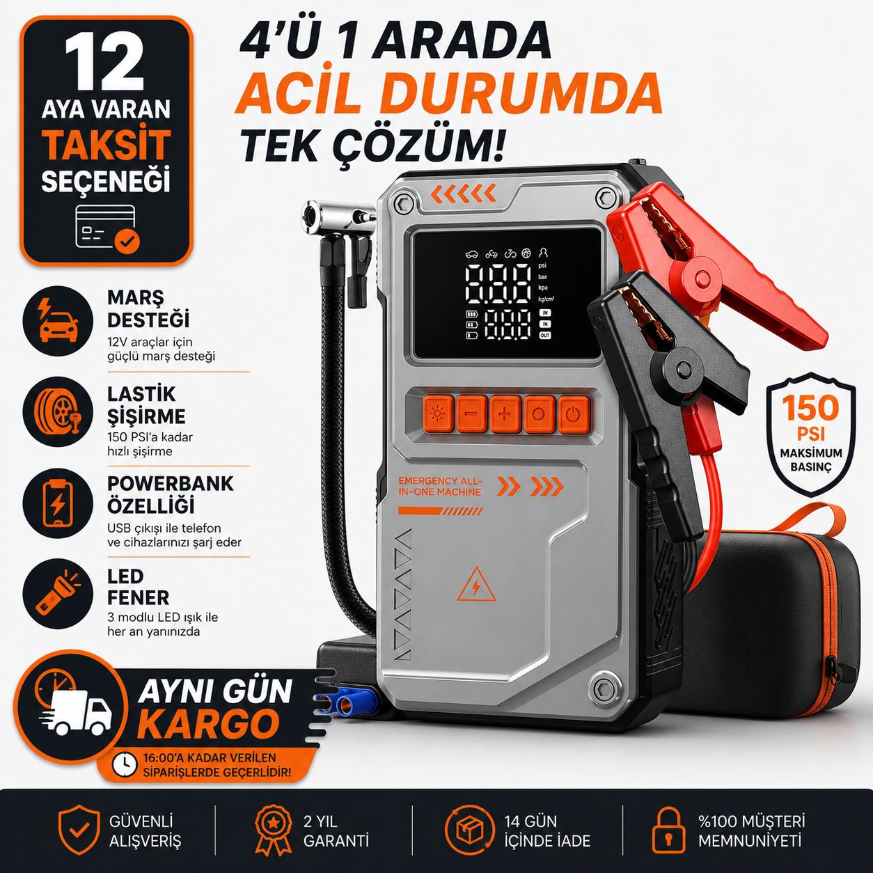 Jump Starter Auhma Akü Takviye Cihazı 10.000 mAh 4'ü 1 Arada Powerbank Çantalı Hava Kompresörü 150 PSI