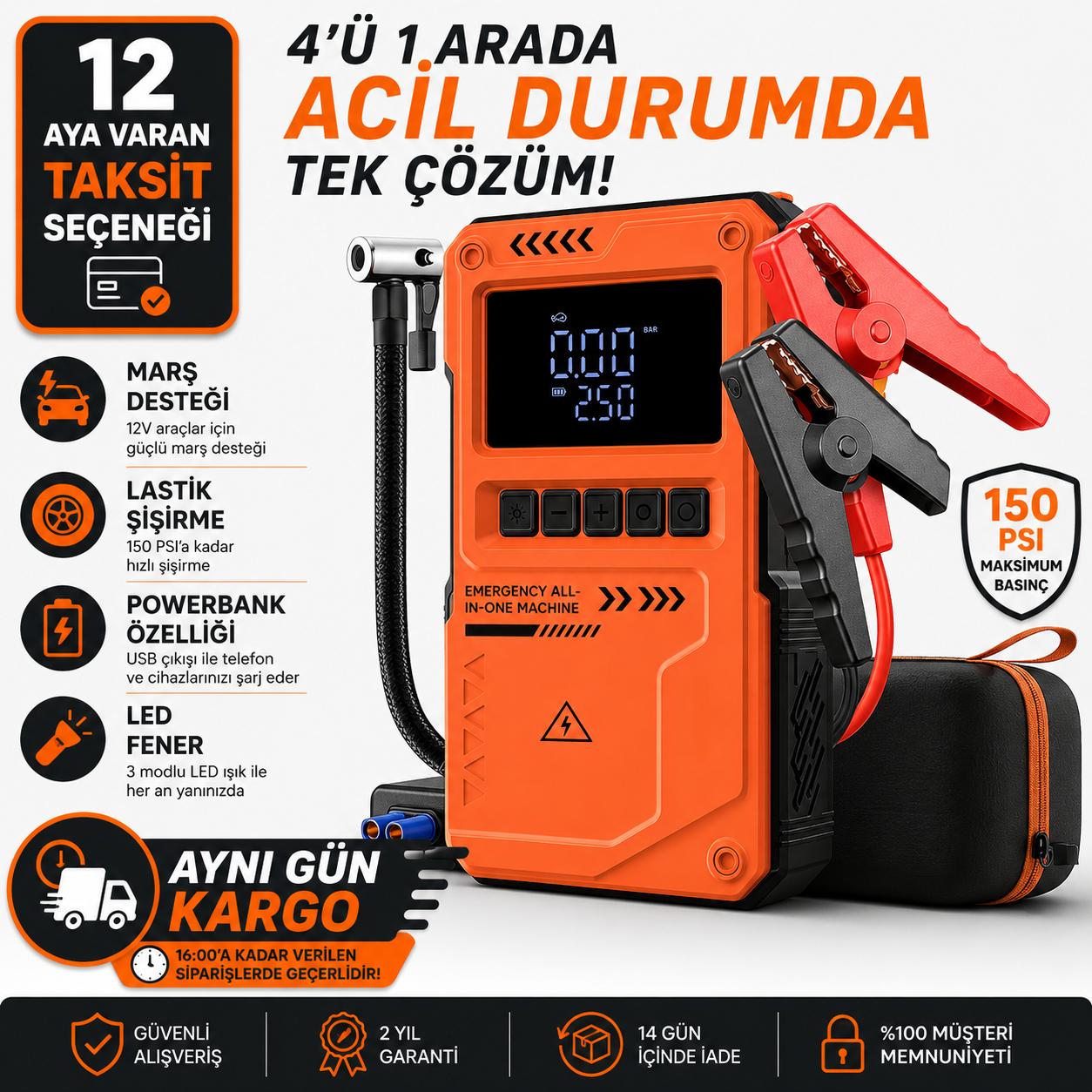 Jump Starter Auhma Akü Takviye Cihazı 10.000 mAh 4'ü 1 Arada Powerbank Çantalı Hava Kompresörü 150 PSI Otomobil SUV