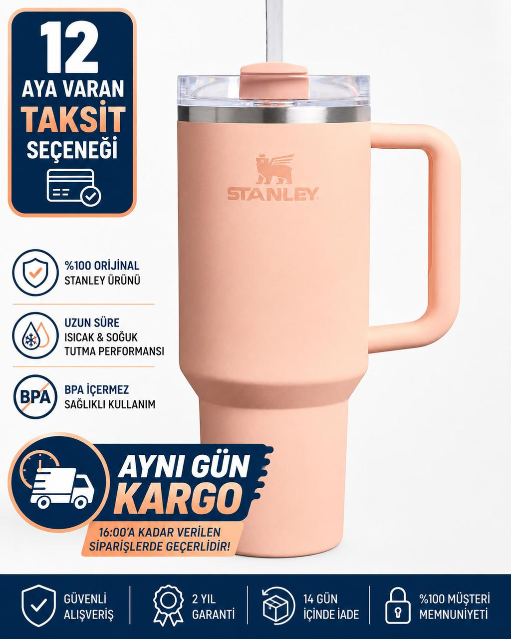 Stanley Quencher Pipetli Termos Bardak, 1.18 Litre, Pastel Turuncu (Orange Cream)