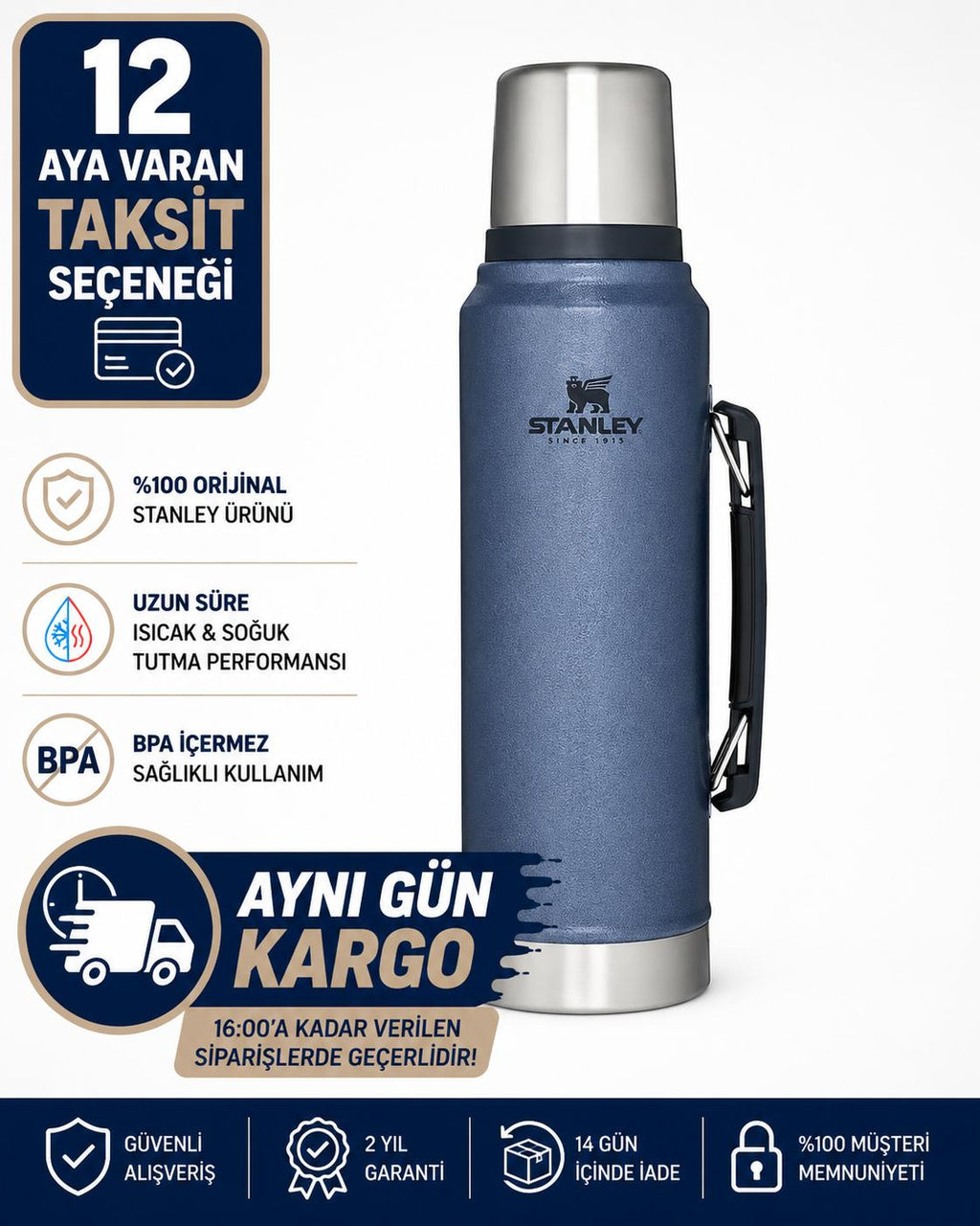 Stanley Classic Legendary Vakumlu Çelik Termos, 1 L Renk:Mavi (Hammertone Lake)